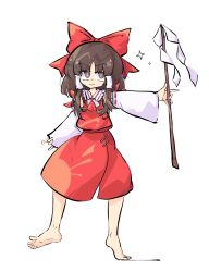 Rule 34 | 1girl, barefoot, bow, brown eyes, brown hair, closed mouth, detached sleeves, dress, frilled dress, frills, full body, hair bow, hair tubes, hakurei reimu, highres, holding, holding stick, long sleeves, medium bangs, medium hair, primsla, red bow, red dress, simple background, smile, solo, sparkle, stick, touhou, white background, white sleeves