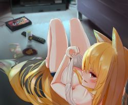 Rule 34 | 1girl, animal ears, artist request, bare shoulders, barefoot, blonde hair, blush, book, breasts, can, cleavage, clothes pull, collarbone, controller, downblouse, drink can, female focus, food, fox ears, from behind, game controller, highres, indoors, kamome donburi, kitsune, large breasts, long hair, looking back, lying, no bra, off shoulder, on back, original, parted lips, plate, red eyes, remote control, shirt pull, short sleeves, shorts, soda can, solo, very long hair