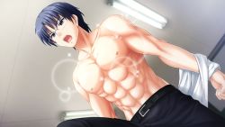Rule 34 | 10s, 1boy, angel beats!, belt, black hair, collarbone, game cg, glasses, gradient background, indoors, male focus, muscular, na-ga, open mouth, short hair, solo, sparkle, takamatsu, topless male