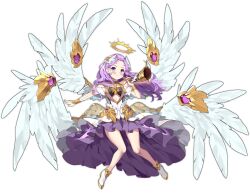 Rule 34 | 1girl, angel, angel wings, ark order, artist request, bandaged arm, bandages, bangs pinned back, bare shoulders, black bra, blue eyes, blush, boots, bra, bracelet, center opening, closed mouth, dress, expressionless, feathered wings, full body, gold trim, halo, head wings, high heel boots, high heels, holding, holding instrument, horn (instrument), instrument, jewelry, long hair, multiple wings, official art, purple hair, raguel (ark order), short sleeves, solo, tachi-e, transparent background, underwear, very long hair, white dress, white footwear, white wings, wings