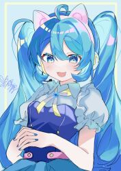 Rule 34 | 1girl, :3, ahoge, animal ears, blue eyes, blue hair, blue nails, breasts, cat ears, collared shirt, commentary, fake animal ears, hair between eyes, hatsune miku, headset, interlocked fingers, light blush, long hair, looking at viewer, neck ribbon, open mouth, own hands together, puffy short sleeves, puffy sleeves, ribbon, shirt, short sleeves, signature, small breasts, smile, solo, twintails, upper body, very long hair, vocaloid, yukia 1128