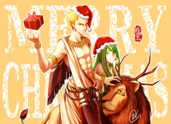Rule 34 | 2boys, androgynous, anger vein, antlers, armlet, blonde hair, bracelet, christmas, earrings, enkidu (fate), fate/stay night, fate/strange fake, fate/zero, fate (series), gift, gilgamesh (fate), green eyes, green hair, hat, horns, jewelry, lion, long hair, multiple boys, necklace, red eyes, santa hat, short hair, toga, zimuyu
