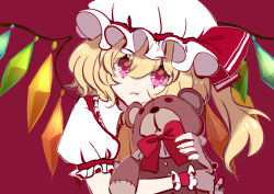 Rule 34 | 1girl, absurdres, ascot, blonde hair, closed mouth, collared shirt, crystal, flandre scarlet, frilled ascot, frilled shirt collar, frilled sleeves, frills, hat, hat ribbon, head tilt, highres, holding, holding stuffed toy, long hair, looking at viewer, mob cap, multicolored wings, one side up, pout, puffy short sleeves, puffy sleeves, red background, red eyes, red ribbon, ribbon, shirt, shocho (shaojiujiu), short sleeves, simple background, sleeve ribbon, solo, stuffed animal, stuffed toy, teddy bear, touhou, upper body, white hat, white shirt, wings, wrist cuffs, yellow ascot