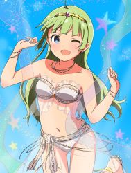 Rule 34 | 1girl, bikini, blue background, blunt bangs, blush, bracelet, breasts, collarbone, dancer, eyebrows hidden by hair, frilled bikini, frilled bikini top, frills, gluteal fold, green hair, hair ornament, harem outfit, highres, idolmaster, idolmaster million live!, ieyan, jewelry, leg up, long hair, navel, necklace, one eye closed, open mouth, see-through, shawl, shimabara elena, small breasts, smile, solo, star (symbol), starry background, strapless, strapless bikini, swimsuit, thigh gap, thighs, white bikini