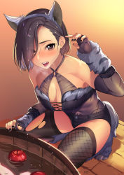 Rule 34 | 1girl, absurdres, animal ears, apple, bare shoulders, black hair, black nails, blush, bodystocking, boots, breasts, brown eyes, cleavage, elbow gloves, fake animal ears, fake tail, fang, fishnet thighhighs, fishnets, food, fruit, fur, fur boots, gloves, hair over one eye, hairband, hand up, highres, kagematsuri, looking at viewer, medium breasts, micro shorts, nail polish, o-ring, open mouth, original, short hair, shorts, solo, tail, thighhighs, thighs, tongue, tongue out, torn clothes, torn thighhighs, wristband