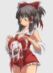Rule 34 | 1girl, adapted costume, ao usagi, black hair, bow, breasts, brown eyes, brown hair, cleavage, cosplay, detached sleeves, female focus, green eyes, hair bow, hair tubes, hakurei reimu, japanese clothes, large bow, long hair, mask, miko, simple background, solo, touhou, wrestling, yin yang