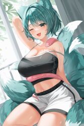 Rule 34 | 1girl, ;d, absurdres, animal ears, arm behind head, arm up, armpits, bare arms, bare shoulders, black eyes, black shirt, breasts, camisole, cleavage, commission, crop top, fox ears, fox girl, fox tail, green hair, highres, kitsune, large breasts, looking at viewer, midriff, multiple tails, navel, one eye closed, open mouth, original, sayan, shirt, short hair, short shorts, shorts, sitting, sleeveless, sleeveless shirt, smile, snake, snake wrapped around body, solo, spaghetti strap, stomach, strap slip, tail, white shorts