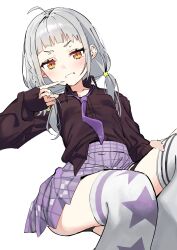 Rule 34 | 1girl, absurdres, ahoge, black panties, black shirt, blush, braid, breasts, collared shirt, commentary, doyagao, grey hair, grin, hair ornament, highres, hololive, invisible chair, long sleeves, low twintails, miniskirt, murasaki shion, murasaki shion (school uniform), necktie, panties, pantyshot, plaid, plaid skirt, pleated skirt, purple necktie, purple skirt, shirt, shirt tucked in, short bangs, simple background, single braid, sitting, sketch, skirt, sleeves past wrists, small breasts, smile, smug, star (symbol), star hair ornament, star print, syhan, thighhighs, thighs, twintails, underwear, v-shaped eyebrows, virtual youtuber, white background, white thighhighs, yellow eyes