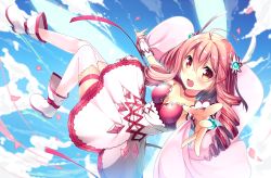 Rule 34 | 10s, 1girl, :d, ahoge, armpits, blue sky, blush, boots, breasts, brown eyes, cleavage, cloud, cloudy sky, collar, commentary, day, dress, drill hair, falling, hair between eyes, hair ornament, knee up, leg up, long hair, looking at viewer, magical girl, medium breasts, open mouth, outstretched arms, outstretched hand, petals, pink hair, shoulder pads, sky, smile, solo, soushin shoujo matoi, sumeragi matoi, usume shirou, white dress, white legwear, wind