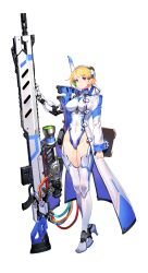 Rule 34 | 1girl, aqua wrist cuffs, armored legwear, artist request, blonde hair, bodysuit, breasts, cable, clipboard, coat, covered navel, final gear, full body, gun, headset, highres, hip bones, holding, holding clipboard, knees, large breasts, legs together, looking at viewer, mandarin collar, mechanical arms, mechanical hands, mechanical legs, megaera (final gear), multicolored coat, official art, parted lips, purple eyes, rifle, scope, scouter, short hair, simple background, single mechanical arm, single mechanical hand, single sleeve, smile, sniper rifle, solo, standing, tachi-e, thighhighs, third-party source, transparent background, two-tone bodysuit, two-tone coat, two-tone collar, two-tone sleeves, very short hair, weapon, white bodysuit, white coat, white sleeves, white thighhighs