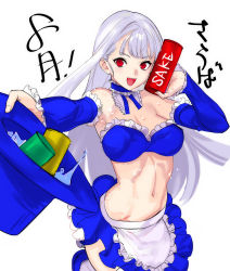 Rule 34 | 1girl, absurdres, alcohol, apron, blue bra, blue hat, blue sleeves, bra, can, capcom fighting jam, commentary request, detached sleeves, drink, frilled bra, frilled sleeves, frills, hat, highres, holding, holding drink, ingrid (capcom), midnight bliss, midriff, open mouth, pleated skirt, red eyes, sake, skirt, solo, tetsu (kimuchi), thighhighs, top hat, underwear, white hair, white thighhighs