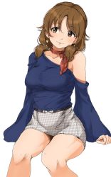 Rule 34 | 1girl, belt, blue shirt, bralines, breasts, brown eyes, brown hair, closed mouth, collarbone, commentary request, earrings, feet out of frame, gatsby ssl, grey skirt, hair between eyes, highres, idolmaster, idolmaster cinderella girls, invisible chair, jewelry, katagiri sanae, light blush, long hair, long sleeves, looking away, looking to the side, low twintails, medium breasts, miniskirt, neck ribbon, off-shoulder shirt, off shoulder, print skirt, red ribbon, ribbon, shirt, shirt tucked in, sideways glance, simple background, single bare shoulder, sitting, skirt, sleeves past fingers, sleeves past wrists, solo, taut clothes, taut shirt, twintails, unmoving pattern, white background, wide sleeves
