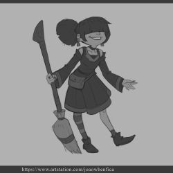 Rule 34 | 1girl, absurdres, artist name, bag, bare shoulders, blunt bangs, broom, choker, collarbone, copyright request, dress, earrings, full body, greyscale, grin, highres, holding, holding broom, jewelry, joaowbenfica, long sleeves, monochrome, ponytail, ring, shoes, single leg pantyhose, smile, solo, watermark, web address