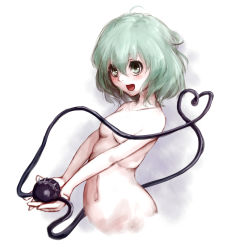 Rule 34 | 1girl, breasts, collarbone, convenient censoring, grey eyes, heart, heart of string, hoshibuchi, komeiji koishi, navel, nude, open mouth, outstretched arms, silver hair, small breasts, smile, solo, third eye, touhou