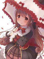 Rule 34 | 1girl, absurdres, arm up, black thighhighs, blush, bow, bowtie, braid, brown eyes, brown hair, closed mouth, commentary request, frilled skirt, frills, gothic lolita, hair between eyes, hair ribbon, highres, holding, holding umbrella, kazane mari, lolita fashion, long hair, looking at viewer, magia record: mahou shoujo madoka magica gaiden, mahou shoujo madoka magica, petals, red bow, red bowtie, ribbon, satomi touka, simple background, skirt, smile, solo, standing, thighhighs, umbrella, white background