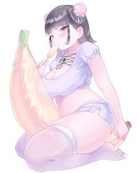 Rule 34 | 1girl, banana, between thighs, black hair, blunt bangs, blush, breasts, cleavage, commentary request, covered erect nipples, crop top, double bun, eating, feet, food, fruit, hair bun, highres, holding, holding food, inflatable toy, large breasts, looking at viewer, navel, original, plump, popsicle, purple eyes, purple legwear, purple shirt, purple shorts, see-through, shirt, short shorts, short sleeves, shorts, simple background, sitting, sleepwear, solo, straddling, thick thighs, thighs, ushinomiya, wariza, white background