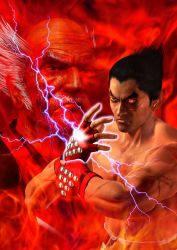 Rule 34 | 00s, 2001, 2boys, age difference, angry, brown eyes, facial hair, facial scar, father and son, fighting, fire, fire, glaring, gloves, highres, imminent fight, japanese clothes, lightning, martial arts, mishima heihachi, mishima kazuya, multiple boys, muscular, muscular male, official art, red eyes, scar, scar on arm, scar on cheek, scar on chest, scar on face, tekken, tekken 4, thick eyebrows, video game