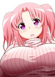 Rule 34 | 1girl, bad id, bad pixiv id, blush, breasts, covered erect nipples, female focus, large breasts, looking at viewer, mikakunin de shinkoukei, open mouth, pink hair, purple eyes, ribbed sweater, solo, suzushiro nazuna, sweater, twintails, two side up, yonomori kobeni