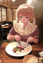 Rule 34 | 1girl, blonde hair, blouse, blue eyes, blunt bangs, bowl, bread, buttons, chair, closed mouth, collared shirt, cup, day, drinking glass, eating, eyebrows, eyelashes, food, fork, frills, glass, highres, holding, holding fork, holding knife, indoors, knife, kyota07, lamp, meat, original, plate, purple shirt, shirt, sitting, smile, solo, striped clothes, striped shirt, table, upper body, vertical-striped clothes, vertical-striped shirt, wine glass, wooden floor
