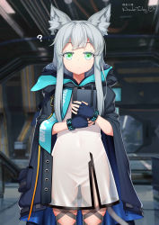 1girl ? animal_ear_fluff animal_ears arknights bad_id bad_pixiv_id black_jacket blue_gloves blurry blurry_background closed_mouth commentary_request depth_of_field dress fingerless_gloves gloves green_eyes grey_hair huoji_(wonderturkey) indoors jacket jacket_on_shoulders long_hair looking_at_viewer hugging_object rosmontis_(arknights) see-through_clothes sidelocks signature skindentation solo standing white_dress