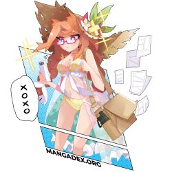 Rule 34 | 1girl, absurdres, ahoge, animal ear fluff, animal ears, bag, bare arms, bikini, bottle, braid, breasts, bright pupils, brown bag, brown hat, carrying bag, cellphone, cleavage, commentary, commission, dex-chan (mangadex), english commentary, extra ears, feet out of frame, flower, flying paper, frills, gluteal fold, hand up, hat, hat flower, hat leaf, highres, holding, holding phone, holding strap, looking at phone, manga (object), mangadex, mascot, medium breasts, multi-strapped bikini bottom, navel, nicosarea, paper, parted lips, phone, pink-framed eyewear, pink eyes, pink flower, polka dot, see-through, semi-rimless eyewear, short eyebrows, shoulder bag, showgirl skirt, smartphone, solo, sound effects, sparkle, speech bubble, square pupils, standing, stomach, straw hat, swimsuit, thick eyebrows, thick eyelashes, through medium, through screen, twin braids, twintails, two-sided fabric, two-tone bikini, under-rim eyewear, water bottle, watermark, web address, white background, white bikini, xo, yellow bikini