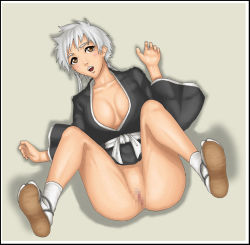 Rule 34 | 1girl, bleach, blush, bottomless, breasts, brown eyes, censored, cleavage, from above, japanese clothes, kotetsu isane, legs up, lying, no panties, on back, pussy, sandals, shadow, short hair, silver hair, socks, solo, thor (deep rising)