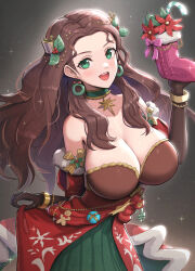 Rule 34 | 1girl, bare shoulders, breasts, brown hair, candy, candy cane, christmas, christmas wreath earrings, cleavage, collarbone, commentary, dorothea arnault, dorothea arnault (winter), dress, earrings, fire emblem, fire emblem: three houses, fire emblem heroes, fire emblem warriors: three hopes, food, gift, gingerbread man, gonzarez, green dress, green eyes, hair ornament, highres, holly hair ornament, jewelry, large breasts, looking at viewer, nintendo, official alternate costume, official alternate hairstyle, open mouth, red dress, smile, solo, teeth, upper teeth only