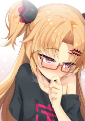 Rule 34 | 1girl, akatsuki uni, bare shoulders, black shirt, blonde hair, blush, brown-framed eyewear, closed mouth, clothes writing, collarbone, glasses, hair ornament, hairclip, hand up, highres, long hair, looking away, looking to the side, nose blush, off shoulder, ogami kazuki, parted bangs, red eyes, semi-rimless eyewear, shirt, short sleeves, solo, two side up, under-rim eyewear, uni create, upper body, virtual youtuber, white background