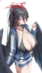 Rule 34 | 1girl, absurdres, bikini, black bikini, black choker, black hair, black wings, blue archive, blue jacket, blue shorts, breasts, choker, cleavage, closed mouth, dotthebot, hair between eyes, halo, hasumi (blue archive), hasumi (track) (blue archive), highres, huge breasts, jacket, long hair, long sleeves, looking at viewer, official alternate costume, partially unzipped, red eyes, short shorts, shorts, simple background, solo, swimsuit, very long hair, whistle, whistle around neck, white background, wings
