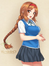Rule 34 | 1girl, :d, black skirt, braid, breasts, brown eyes, brown hair, collared shirt, commentary request, copyright name, d-frag!, fingers together, green eyes, hair ribbon, hairband, large breasts, long hair, looking at viewer, low-tied long hair, open mouth, pleated skirt, poripori, red hairband, ribbon, school uniform, shirt, short hair, single braid, skirt, smile, solo, standing, takao (d-frag!), tress ribbon, white shirt