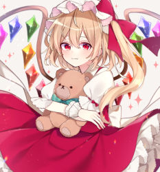 Rule 34 | + +, 1girl, blonde hair, blush, bow, bowtie, closed mouth, cowboy shot, crystal, eyebrows hidden by hair, fang, flandre scarlet, glint, green bow, green bowtie, hair between eyes, hat, hat bow, highres, holding, holding stuffed toy, lens flare, looking at viewer, mob cap, one side up, petticoat, puffy short sleeves, puffy sleeves, red bow, red eyes, red skirt, red vest, short hair, short sleeves, simple background, skin fang, skirt, skirt set, solo, sparkle, star-shaped pupils, star (symbol), stuffed animal, stuffed toy, symbol-shaped pupils, teddy bear, touhou, vest, white background, white hat, wind, wind lift, wings, wrist cuffs, yurui tuhu
