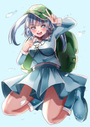 Rule 34 | 1girl, absurdres, backpack, bag, blue background, blue eyes, blue footwear, blue hair, blue shirt, blue skirt, blunt bangs, blush, boots, clenched hand, collared shirt, flat cap, frilled shirt collar, frills, green bag, green hat, hat, highres, kawashiro nitori, key, long hair, long sleeves, looking at viewer, mahoro (minase mahoro), open mouth, rubber boots, shirt, simple background, skirt, solo, thighs, touhou, v
