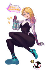 Rule 34 | 1girl, absurdres, artist name, blonde hair, blue footwear, bodysuit, commentary request, english text, full body, gwen stacy, highres, holding, ling luo xi yang, looking at viewer, marvel, multicolored hair, pink hair, shoes, simple background, skin tight, spider-gwen, spider-man: into the spider-verse, spider-man (miles morales), spider-man (series), spider-verse, streaked hair, teeth, two-tone hair, white background
