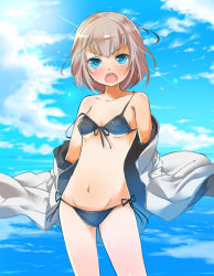 Rule 34 | 10s, 1girl, bare shoulders, bikini, black bikini, blue eyes, breasts, female admiral (kancolle), groin, jacket, kantai collection, lens flare, looking at viewer, mataichi mataro, narumi tsuyu, navel, off shoulder, open clothes, open jacket, open mouth, pink hair, short hair, side-tie bikini bottom, small breasts, solo, strap slip, swimsuit