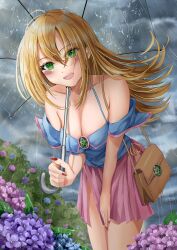 Rule 34 | 1girl, ahoge, bag, bare shoulders, blonde hair, blush, breasts, bush, cleavage, cloud, collarbone, dark clouds, dark magician girl, flower, green eyes, hair between eyes, handbag, highres, holding, holding umbrella, hydrangea, large breasts, long hair, looking at viewer, misakura aoi, nail polish, off shoulder, open mouth, outdoors, pentacle, pink skirt, pleated skirt, rain, skirt, solo, thighhighs, transparent, transparent umbrella, umbrella, water drop, wet, yu-gi-oh!, yu-gi-oh! duel monsters
