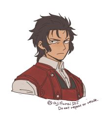 Rule 34 | 1boy, asaya minoru, black hair, closed mouth, collared shirt, cropped torso, dress shirt, english text, fate/grand order, fate (series), hijikata toshizou (fate), looking at viewer, male focus, red vest, shirt, simple background, solo, twitter username, upper body, v-shaped eyebrows, vest, white background, white shirt