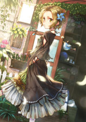 Rule 34 | 1girl, bird, black dress, breasts, brown eyes, brown hair, dress, dutch angle, earrings, fence, flower, flower box, hair flower, hair ornament, hands in pockets, highres, jewelry, looking at viewer, looking back, necklace, original, outdoors, revision, sho (sumika), short hair, small breasts, solo, standing