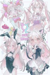 Rule 34 | 1girl, absurdres, ahoge, alternate costume, animal ears, armpits, arms up, black bow, black bowtie, black hairband, black leotard, blonde hair, blush, bow, bowtie, breasts, cat ears, cat tail, commentary, copyright name, crown, detached collar, earrings, enmaided, fake animal ears, hair between eyes, hair ornament, hairband, hat, heart, heart hands, highres, jewelry, kumagai yuka, leotard, long hair, magical girl, maid, maid headdress, male-female symbol, multicolored hair, multiple views, nurse, nurse cap, onii-chan wa oshimai!, open mouth, oyama mahiro, pink bow, pink bowtie, pink eyes, pink hair, playboy bunny, puffy short sleeves, puffy sleeves, rabbit ears, rabbit hair ornament, rabbit pose, rabbit tail, ribbon, short sleeves, sidelocks, simple background, small breasts, stud earrings, syringe, tail, tail ornament, tail ribbon, thighhighs, twintails, two-tone hair, very long hair, w, wand, white background, white ribbon, wrist cuffs, zettai ryouiki