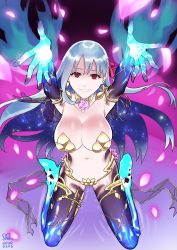 Rule 34 | 1girl, absurdres, armlet, armor, armpits, arms up, bad id, bad pixiv id, bikini armor, blue fire, breasts, cleavage, collar, collarbone, commentary, earrings, fate/grand order, fate (series), fire, flower, grin, hair ribbon, highres, hutagi rouka, jewelry, kama (fate), kama (third ascension) (fate), large breasts, long hair, looking at viewer, lotus, metal collar, navel, outstretched arms, petals, pink ribbon, purple background, red eyes, ribbon, silver hair, smile, solo, space, star (sky), thighlet, thighs