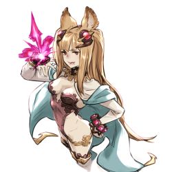 Rule 34 | 10s, 1girl, animal ears, arched back, ass, blonde hair, breasts, brown eyes, brown hair, cape, cat ears, cleavage, commentary request, erune, granblue fantasy, hair ornament, hand on own hip, leotard, long hair, medium breasts, metera (granblue fantasy), mole, mole under mouth, robo8, simple background, solo, tongue, tongue out, twintails, very long hair, white background