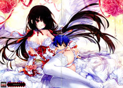 Rule 34 | 10s, 1boy, 1girl, absurdres, artist request, bare shoulders, black hair, blue hair, blush, breasts, cleavage, date a live, feet, flower, garter straps, hair over one eye, heterochromia, highres, itsuka shidou, large breasts, legs, lingerie, long hair, no shoes, panties, red eyes, rose, thighhighs, tokisaki kurumi, twintails, underwear, very long hair, white panties, white thighhighs, yellow eyes