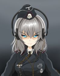 Rule 34 | absurdres, angry, black dress, blue eyes, breasts, cable, dress, earphones, german clothes, girls und panzer, highres, itsumi erika, looking at viewer, medium breasts, military, military uniform, necktie, non-web source, self-upload, shaded face, uniform, white hair