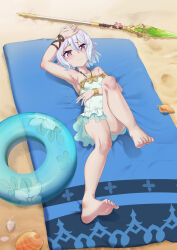 Rule 34 | 1girl, absurdres, antenna hair, aqua innertube, arm under breasts, armlet, armpits, bare legs, bare shoulders, barefoot, beach, blush, bracelet, breasts, casual one-piece swimsuit, collarbone, elf, feet, frilled one-piece swimsuit, frills, from above, full body, green one-piece swimsuit, hair between eyes, hand on own head, highres, jewelry, knee up, kokkoro (princess connect!), kokkoro (summer) (princess connect!), looking at viewer, lying, on back, one-piece swimsuit, outdoors, pointy ears, polearm, princess connect!, purple eyes, sand, seashell, shell, shiny skin, short hair, shuijiaojun, small breasts, solo, spear, swimsuit, toes, wavy mouth, weapon, white hair
