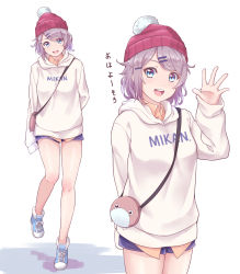 Rule 34 | 1girl, :d, arm behind back, bag, beanie, blue eyes, blue footwear, blue shorts, clothes writing, grey hair, hair ornament, hairpin, hand up, handbag, hat, highres, hood, hood down, hoodie, kanabun, long sleeves, looking at viewer, love live!, love live! school idol festival, love live! sunshine!!, multiple views, open mouth, red headwear, shoes, short hair, short shorts, shorts, sleeves past wrists, smile, sneakers, standing, standing on one leg, uchicchii, watanabe you, waving, white hoodie