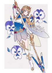 Rule 34 | 1girl, absurdres, armor, blonde hair, blue eyes, boots, capelet, earrings, fire emblem, fire emblem heroes, fjorm (fire emblem), flower, highres, holding, holding spear, holding weapon, jewelry, kazuha (kazuha1003), looking at viewer, nintendo, polearm, short hair, skirt, smile, solo, spear, tiara, weapon