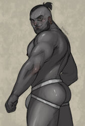 Rule 34 | 1boy, ass, warrior of light (ff14), bara, beard, bulge, colored skin, earrings, facial hair, feet out of frame, final fantasy, final fantasy xiv, from behind, grey skin, growlygruntz, headband, highres, jewelry, jockstrap, large pectorals, looking at viewer, male focus, male underwear, mature male, mohawk, muscular, muscular male, nipple piercing, nipple rings, pectorals, piercing, roegadyn, short hair, sketch, solo, thick eyebrows, thick thighs, thighs, topless male, underwear, white headband, white male underwear