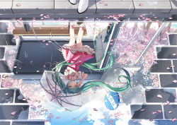 Rule 34 | 1girl, bench, blush, bus stop, cherry blossoms, cloud, crying, crying with eyes open, dr poapo, dress, floating hair, flower, green eyes, green hair, hair flower, hair ornament, hand up, hatsune miku, holding, holding umbrella, long hair, looking at viewer, melt (vocaloid), pavement, petals, petticoat, pink dress, pink socks, puddle, rainbow, reflection, ripples, road, sad smile, shoes, short sleeves, sidewalk, sign, smile, socks, solo, standing, street, tears, transparent, transparent umbrella, twintails, umbrella, very long hair, vocaloid, water, white footwear, wind