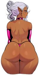 Rule 34 | 1girl, absurdres, ass, back, choker, dark-skinned female, dark elf, dark skin, elbow gloves, elf, elf-san wa yaserarenai., from behind, gloves, grey hair, highres, huge ass, kuroeda (elf-san wa yaserarenai.), looking to the side, mole, mole under eye, panties, pink choker, pointy ears, ponytail, solo, synecdoche, thick thighs, thighs, thong, topless, underwear, wide hips