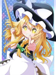 Rule 34 | 1girl, apron, beenyan 1203, blonde hair, blush, bow, braid, grin, hat, hat bow, highres, index finger raised, kirisame marisa, long hair, looking at viewer, puffy sleeves, shirt, short sleeves, single braid, skirt, skirt set, smile, solo, touhou, vest, waist apron, white bow, witch hat, yellow eyes