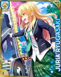 Rule 34 | 1girl, :o, blonde hair, card (medium), character name, cut out, day, dress, earrings, girlfriend (kari), green dress, jewelry, motor vehicle, official art, open mouth, outdoors, plaid, plaid dress, pointing at object, qp:flapper, red eyes, ryugasaki juria, school uniform, shirt, shouting, standing, tagme, truck, v-shaped eyebrows, white shirt